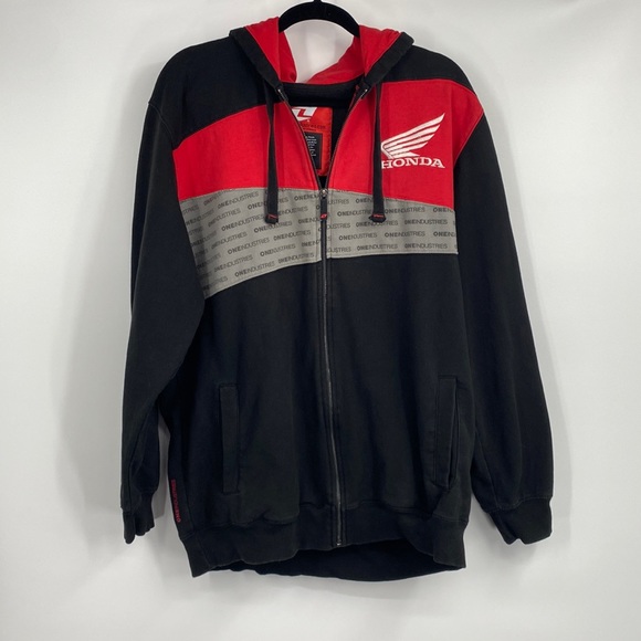 Honda One Industries Red Black and Grey Logo Zip Up Hooded Sweatshirt - Picture 1 of 11
